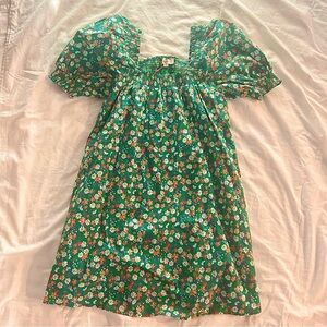 Women’s Green Floral Puff Sleeve Sundress with Square Neck
